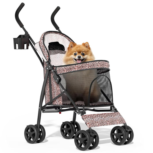 MoNiBloom 4 Wheels Pet Stroller, Easy-Fold Umbrella Shaped Dog Cat Jogger Stroller w/Storage Bag & Visible Mesh for Small/Medium Dogs Cats Leopard Print