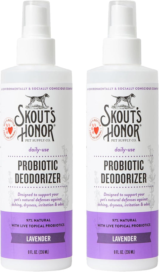 SKOUT'S HONOR Pet Probiotic Deodorizer Spray- Hydrating Daily-Use with Avocado Oil & Omega-3s, Microbiome Friendly Certified, Paraben & Sulfate-Free, 97% Natural, 8oz, Lavender, 2-Pack