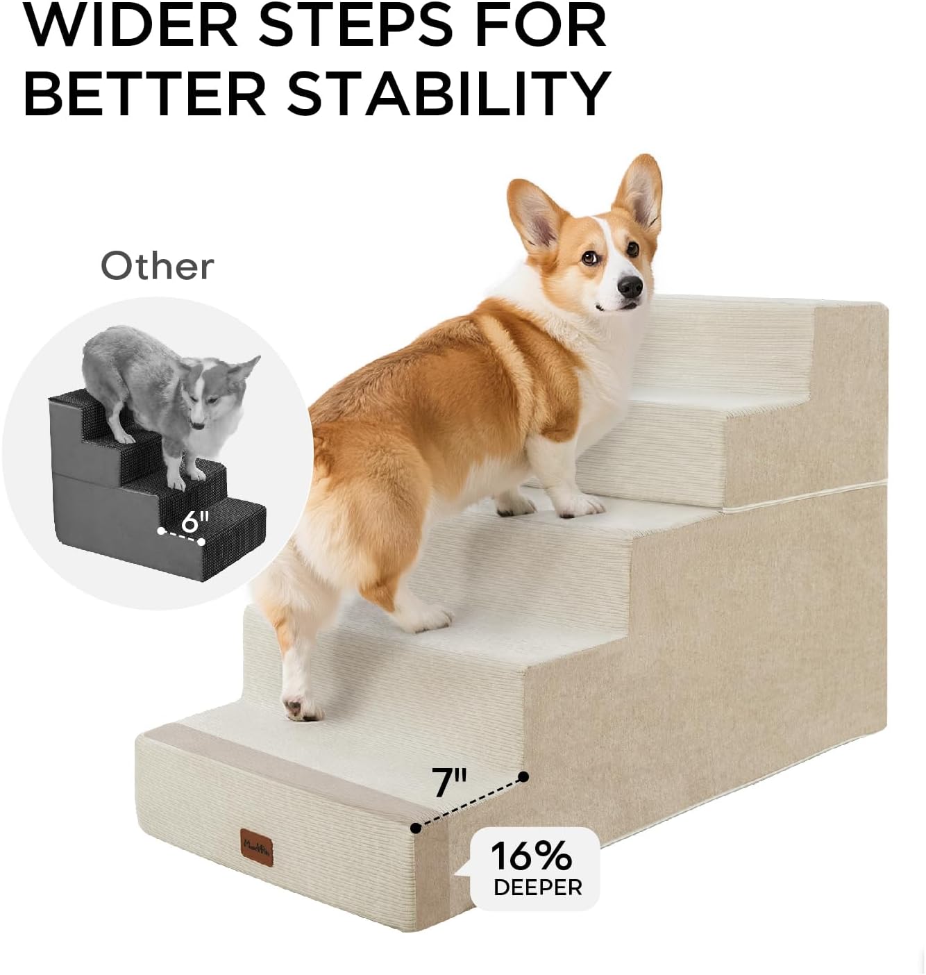 Made4Pets Dog Stairs for High Bed, Extra Wide Pet Stairs for Bed Couch Sofa, 35D Foam Pet Steps for Small Dogs and Cats, Non-Slip Bottom Dog Steps, Beige, 5 Steps