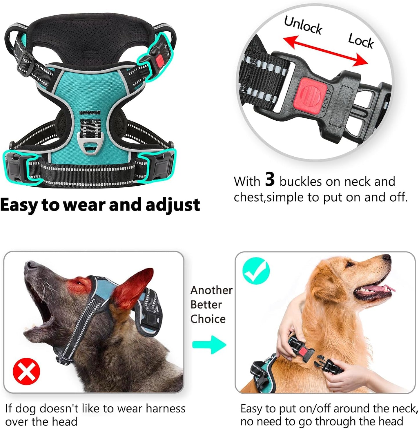 Timos Dog Harness, No-Pull Pet Harness with 2 Leash Clips, 3 Snap Buckles Adjustable Soft Padded Dog Vest, Reflective No-Choke Pet Oxford Vest with Easy Control Handle for Small Medium Large Dogs