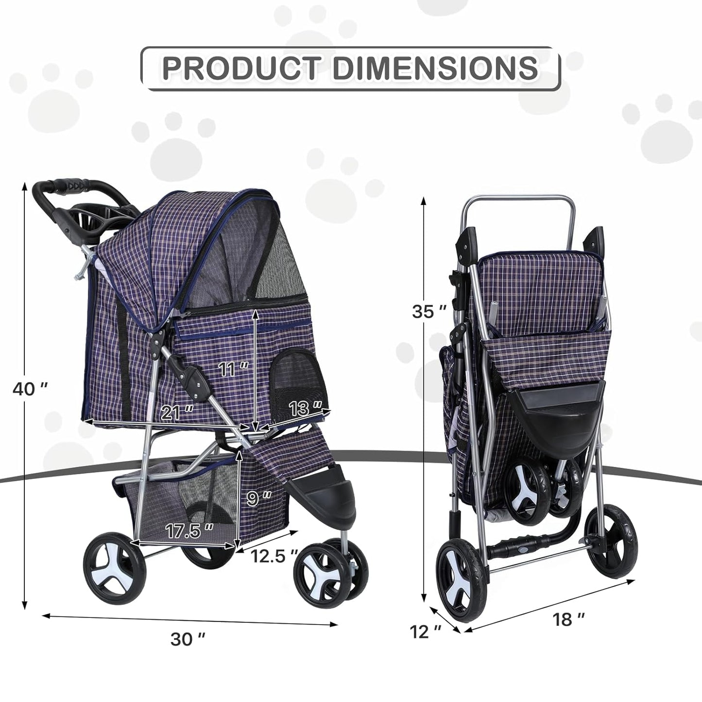 MoNiBloom 3 Wheels Pet Dog Cat Stroller for Small Medium Dogs Cats, Lightweight Foldable Jogger Stroller w/Storage Basket and Cup Holder, Plaid