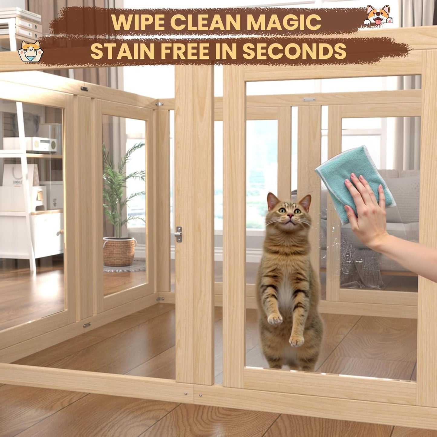 10 Panels Dog Playpen with Door, 23.6" H Pet Playpen Indoor, Clear Acrylic Puppy Playpens, Wooden Puppy Fence with Gate, Transparent Dog Pens, Pet Pen Indoor for Dogs, Cats, Rabbit (Wood)