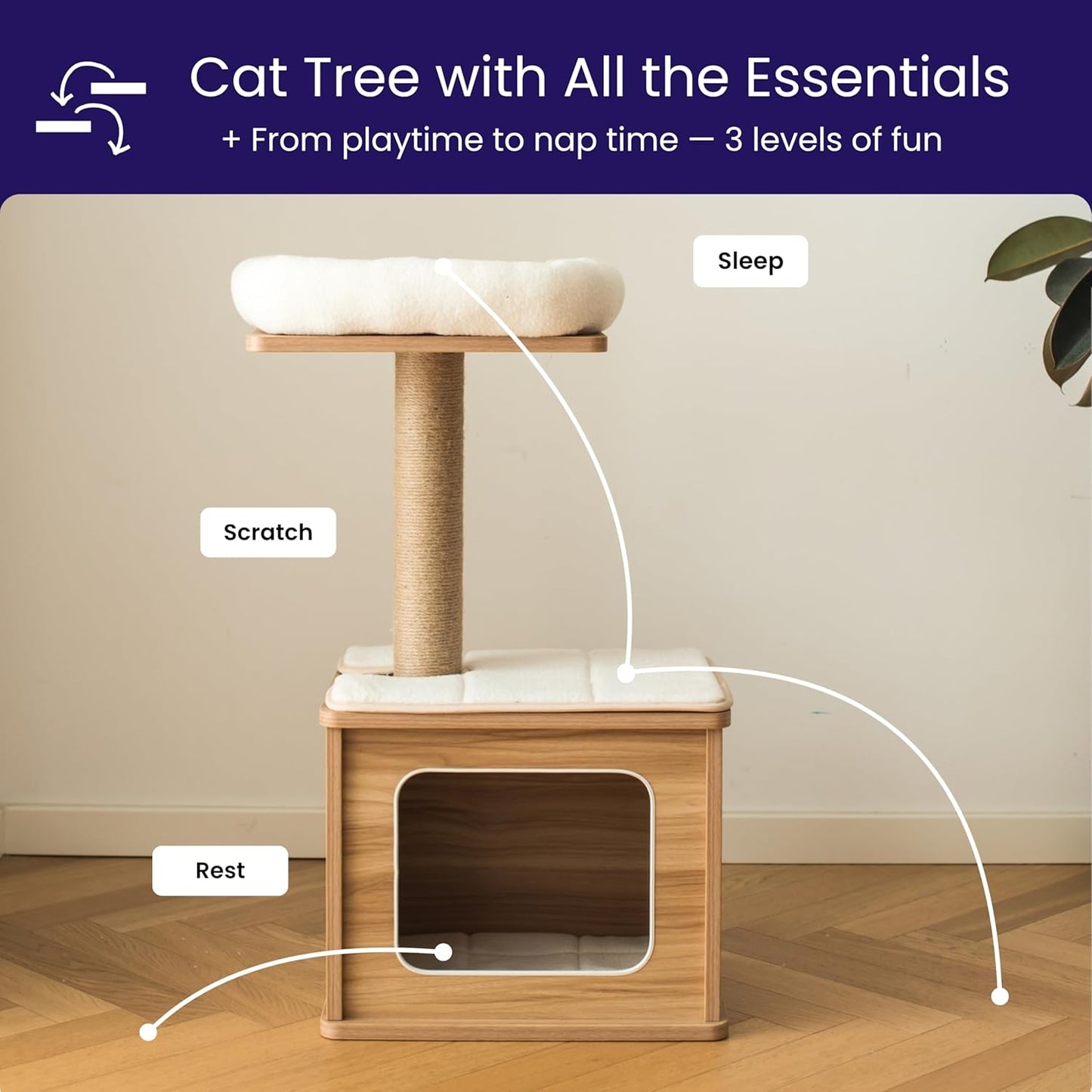 Catry 29.7" Tall 3 Level Laminated Wood Cat Tree with Large Base Condo, 2 Paded Steps, Natural Jute Scratching Post, Sturdy and Easy to Assemble for Small Cat, Brown