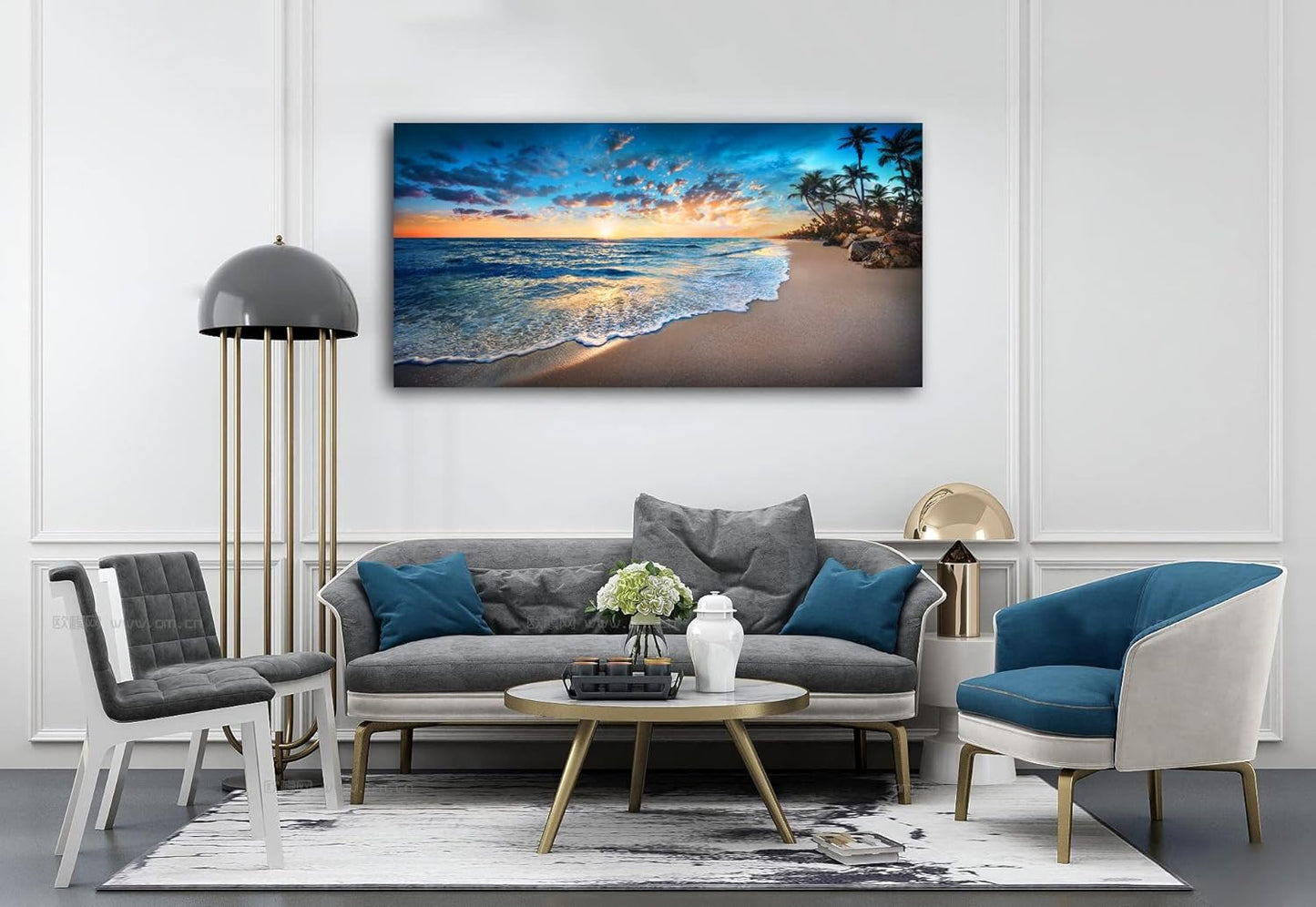 Jiuqinghua Canvas Prints Wall Art Blue Beach Ocean Landscape Paintings 1 panel Sunset Sea Waves Wall Decor Pictures Stretched and Framed for Living Room Bedroom and Office Decor Artwork 30x60inch