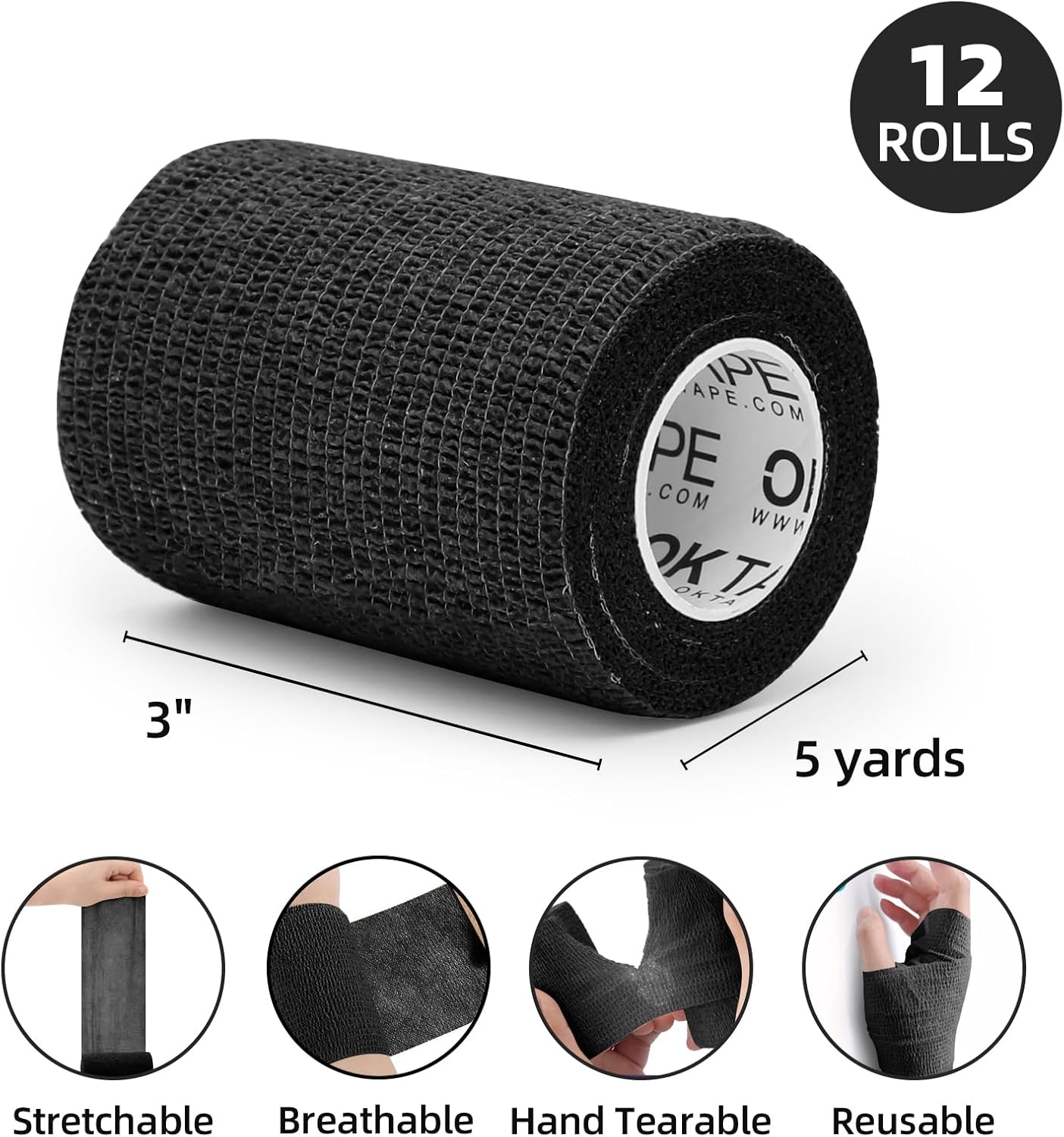 OK TAPE Self Adherent Cohesive Bandages Wrap - 12Packs, 3" x 5 Yards, Non-Woven Self Adhesive Bandage Wrap for Thumb, Finger, Wrist, Ankle, Vet Wrap Bandages Tape (Black)