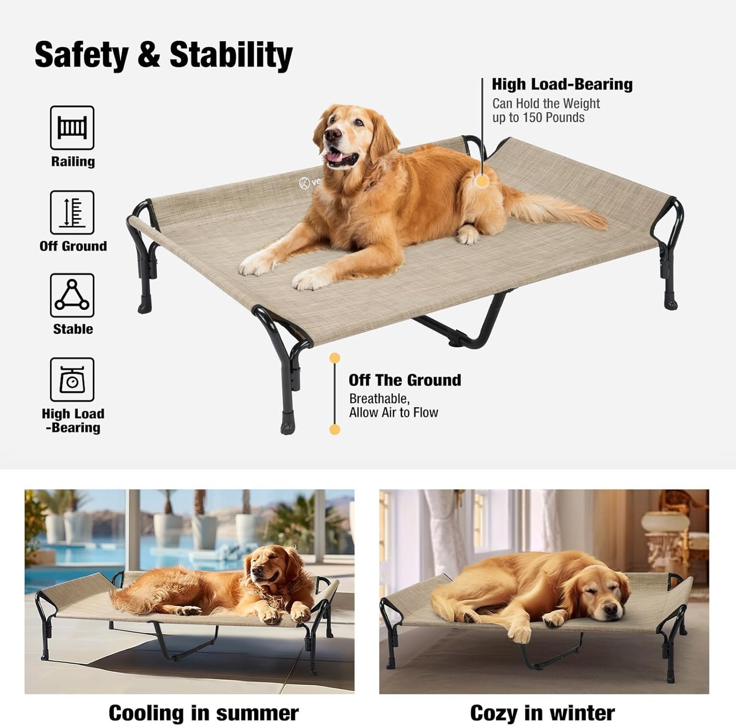 Veehoo Cooling Elevated Dog Bed, XL Raised Pet Cot with Guardrail & Slope Headrest, Durable Breathable Teslin Mesh, Non-Slip Feet, Washable Dog Couch Bed for Indoor & Outdoor, 50.5" x 33.5", Beige