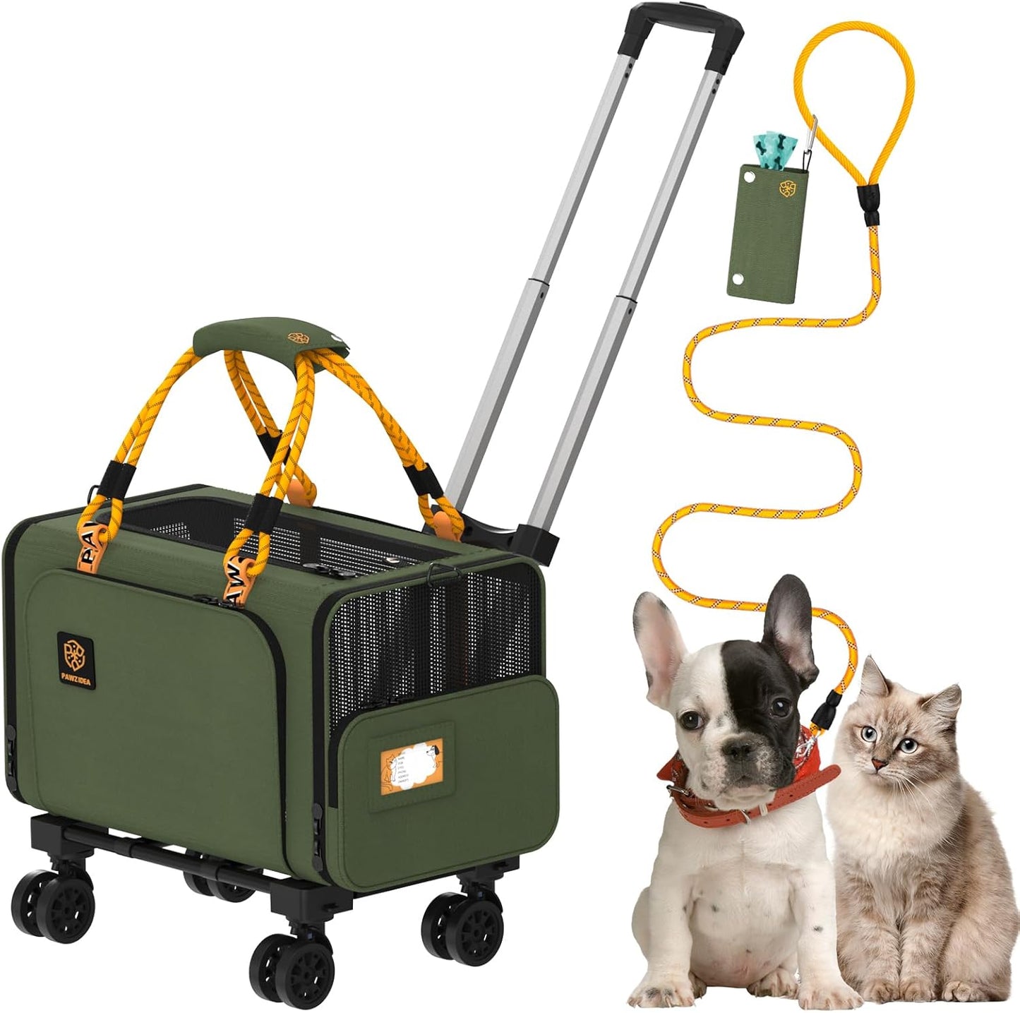 PAWZIDEA Pet Carrier with Wheels, 18x11x11 TSA Airline Approved Cat Carrier for 2 Cats Under Seat, Expandable Soft-Sided Dog Carrier for Small Dogs Rolling Travel Bag with Telescopic Handle, Foldable