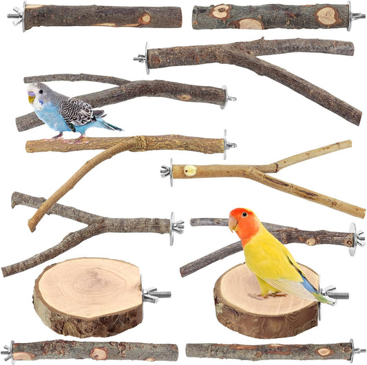 Natural Wood Bird Perches for Cage, Parrot Perch Stand & Platform, Bird Cage Accessories for Parakeets, Cockatiels, Conures, Lovebirds (Brown, Deluxe Playground Set - 12PCS)
