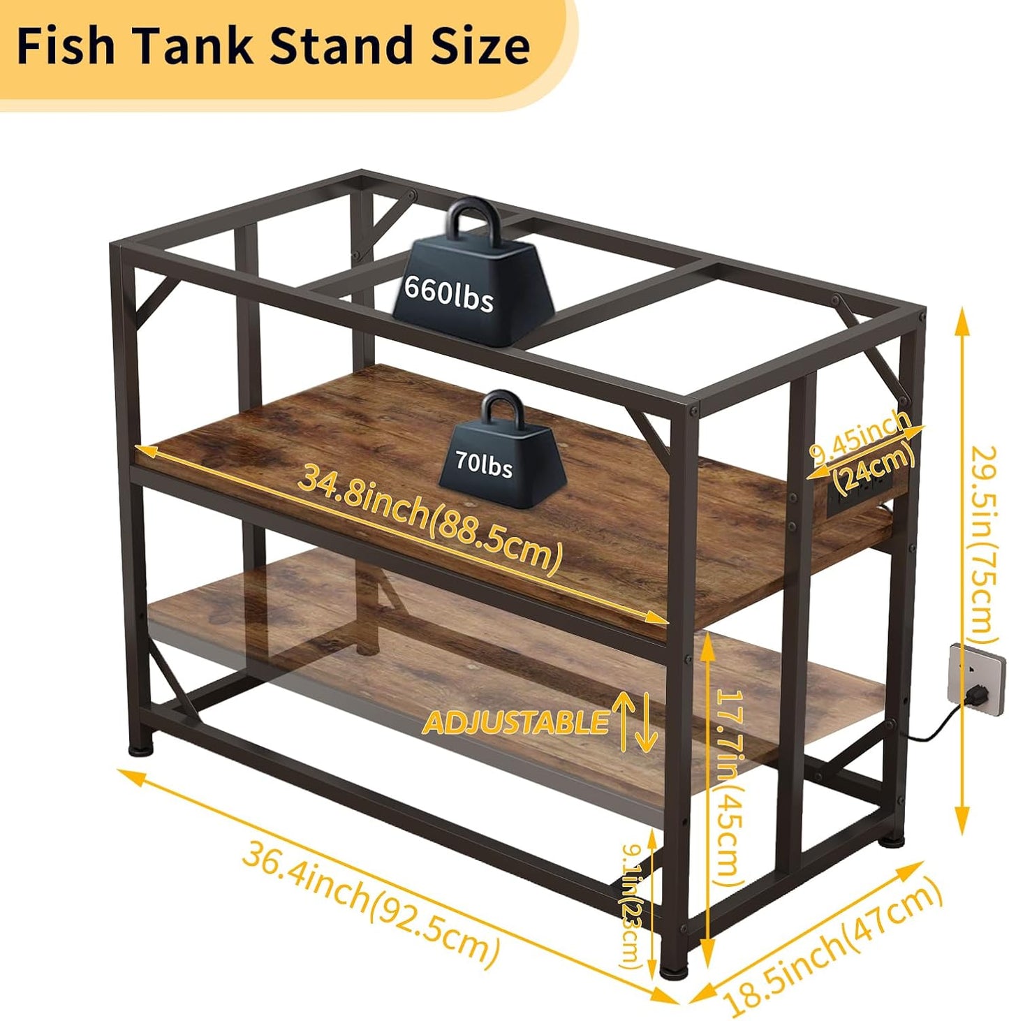 Sturdy Metal Aquarium Stand with Power Outlets, Adjustable Storage Cabinet - 660LBS Capacity, Rustic Brown - Suitable for 40 Gallon Fish Tank, Turtle Tank, Perfect Fish Tank Stand for Organization and Convenience