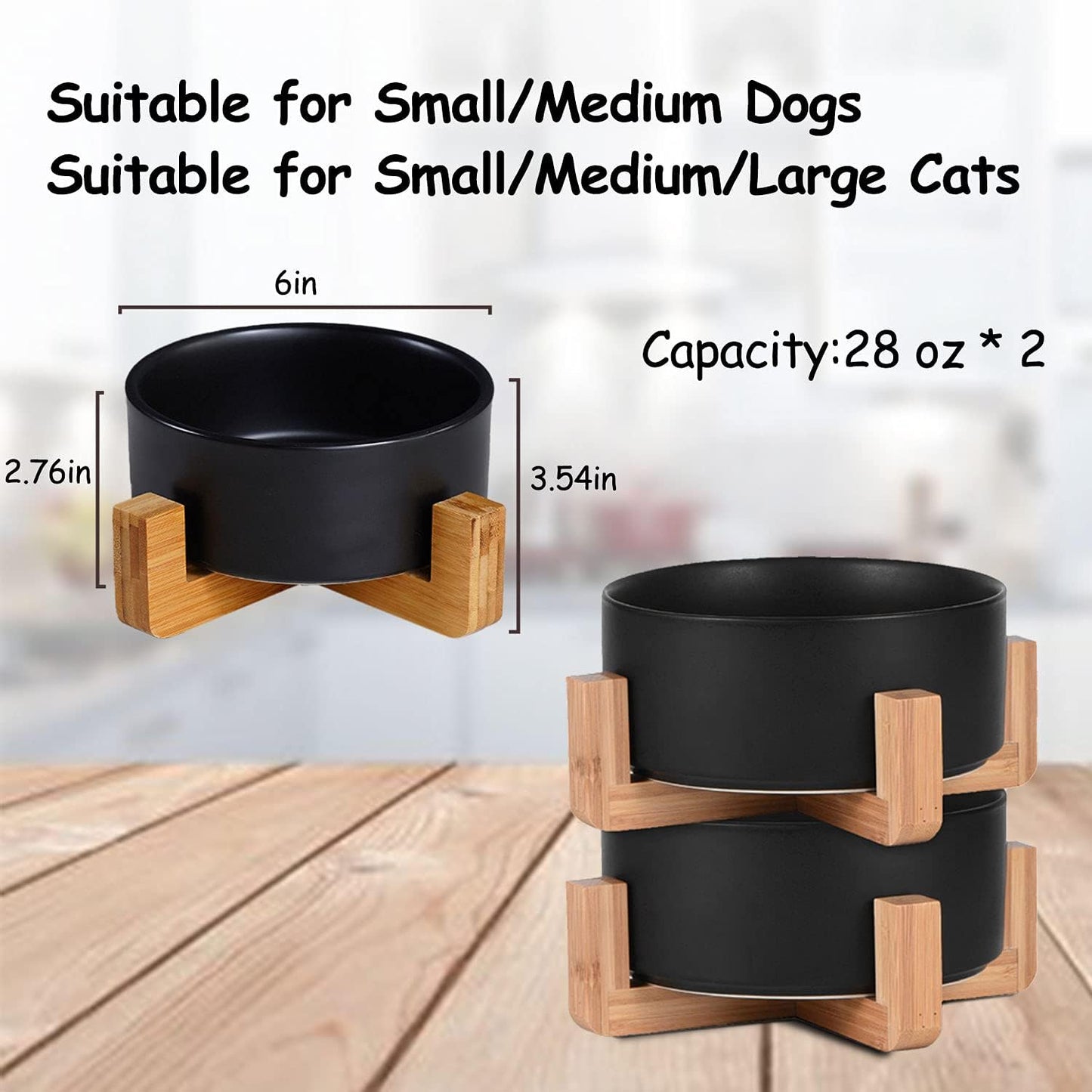 Petygooing Ceramic Black Cat Dog Bowl Set with Stand,Pet Food and Water Dish,Medium Pet Bowls Anti-Slip Set of 2 Cat Bowls-Pet Food Dishes- Small Medium Size Dog (28 OZ /3.6 Cups)