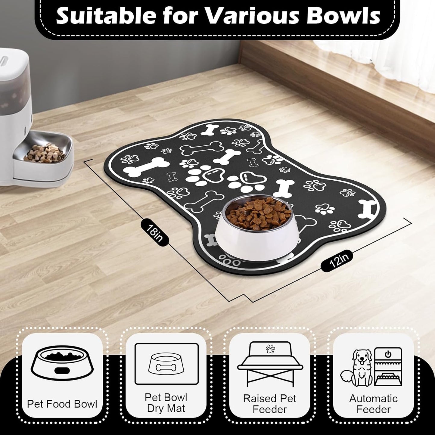 Dog Cat Food Mat,Rapid AbsorbentPet Feeding Mat, Bone Shaped Dog Placemat Water Bowl Mat with Rubber Backing,No Stains Dog Cat Food Mats Indoor, Pet Accessories Supplies 12""x18"" Black