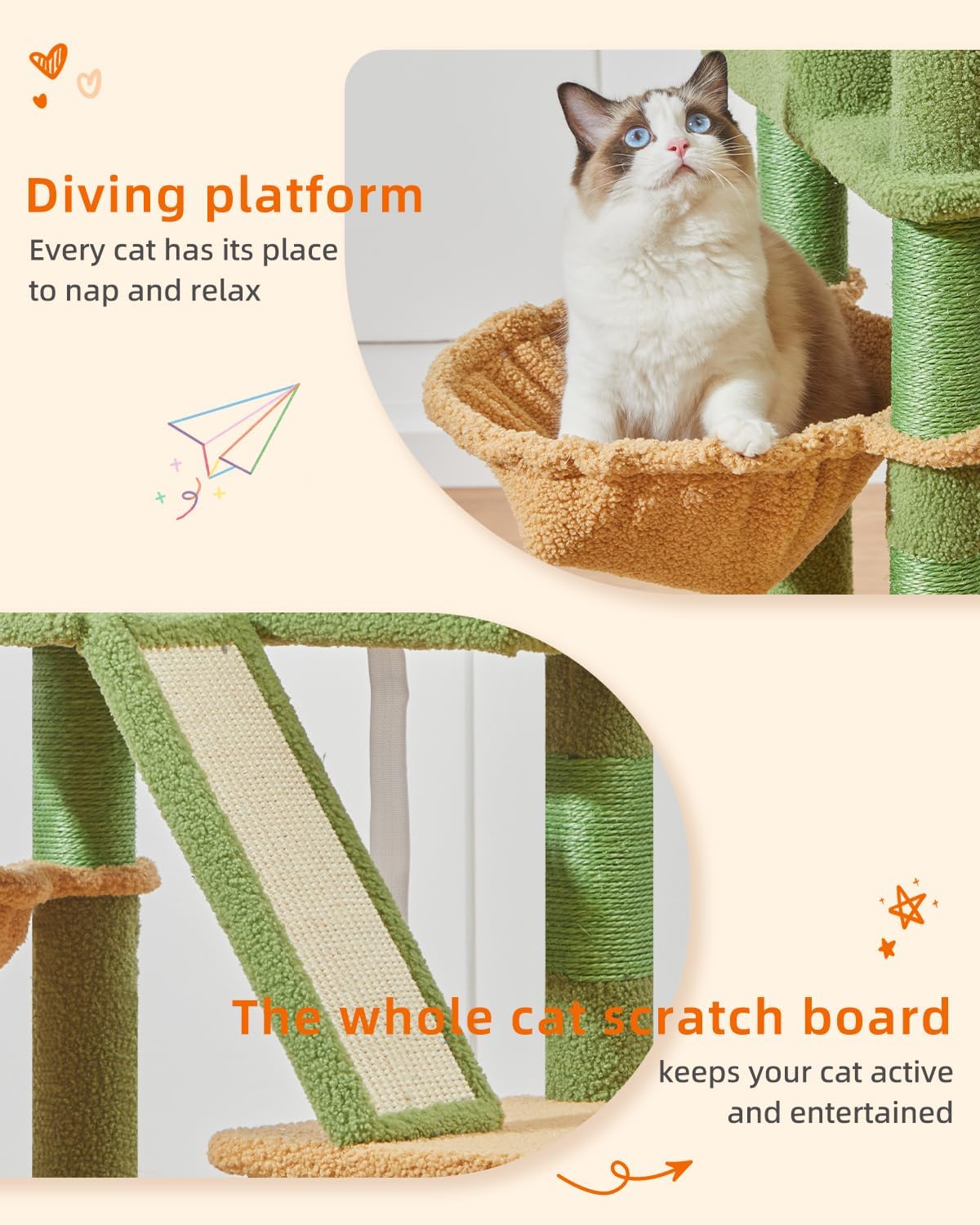 Taoqimiao Cactus Cat Tree, 57.5-Inch Cat Tower for Indoor Cats Large Adult, Extra Large Cat Condo, 8 Sisal Scratching Posts, Metal Frame Cozy Hammock, Durable Scratch Board, 2 Top Perches, MSC026