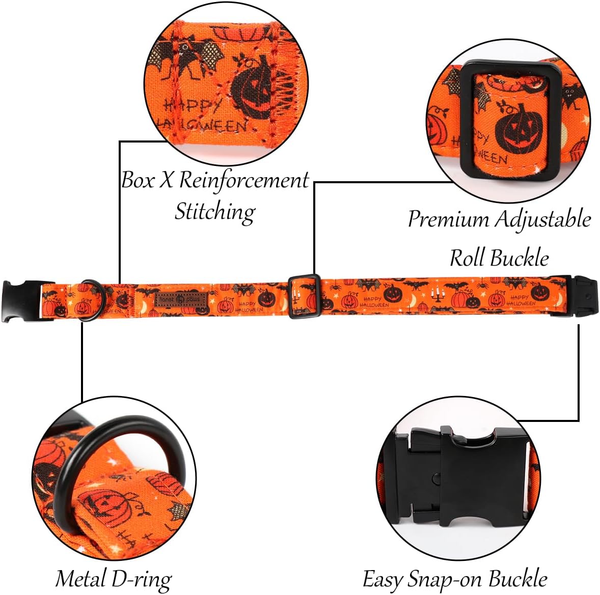Lionet Paws Halloween Dog Collar with Flower, Cute Fall Orange Dog Collar for Large Dogs, Adjustable Cotton Pumpkin Bat Pet Collars for Girl Dogs