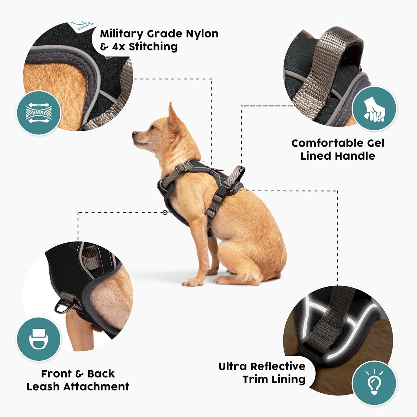 Embark Adventure Dog Harness, Reflective Trim No Pull Dog Harnesses for Small Sized Dogs - Military Grade Nylon, Front Clip with Gel Lined Handle. Soft & Padded Puppy Harnesses.