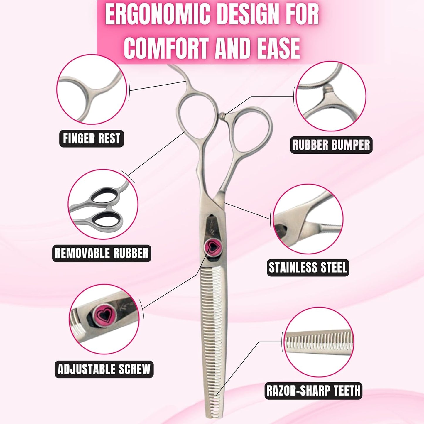 Kenchii Love Dog Grooming Scissors, 46 Tooth Thinning Shears, Dog Scissors for Grooming, Professional Pet Grooming Scissors, Heavy Duty, Durable and Sharp
