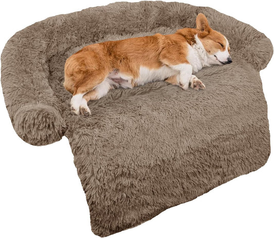 Calming Dog Bed Fluffy Plush Dog Mat for Furniture Protector with Removable Washable Cover for Large Medium Small Dogs and Cats (Medium(41x37x6), Camel)