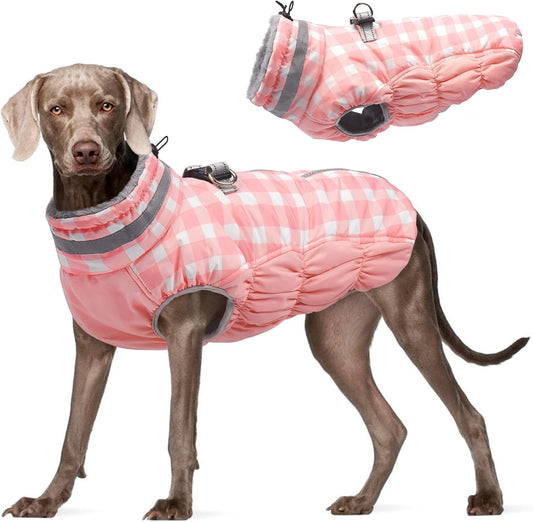 FUAMEY Dog Coat for Large Dogs,Waterproof Dog Winter Jacket with Harness Built in Puppy Cold Weather Coats Reflective Pet Vest with Zipper Warm Fleece Dogs Snowsuit Windproof Pink Plaid 3XL
