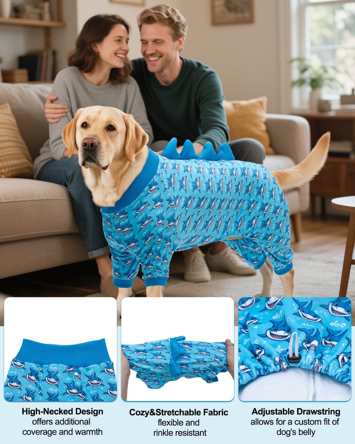 CuteBone Shark Costume Dog Pajamas, Stretchy Spandex Crystal Velvet Sleepwear Coat for Small Dogs, Soft & Warm Pet Outfit Clothes for Cold Weather, Cozy Pullover Design COSP07XXL