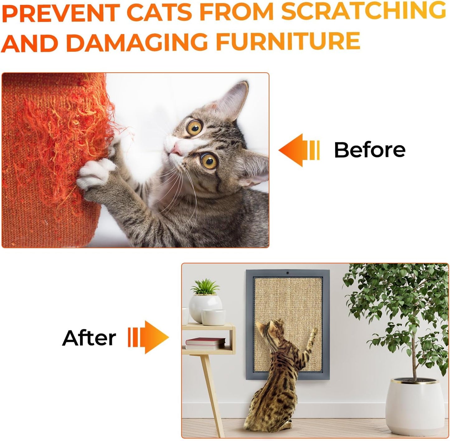 Cat Scratching Post, Natural Wooden Sisal Cat Wall Scratcher, Floor or Wall Mounted Vertical Cat Scratch Pad for Indoor Cats Adults or Kittens, Cat Wall Furniture Protector (Single Grey)