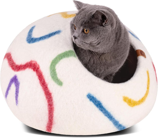 MEOWFIA Cat Cave – Premium Felt Cat Bed for Indoor Cats, Handmade 100% Merino Wool (Medium, Ivory Rainbow)