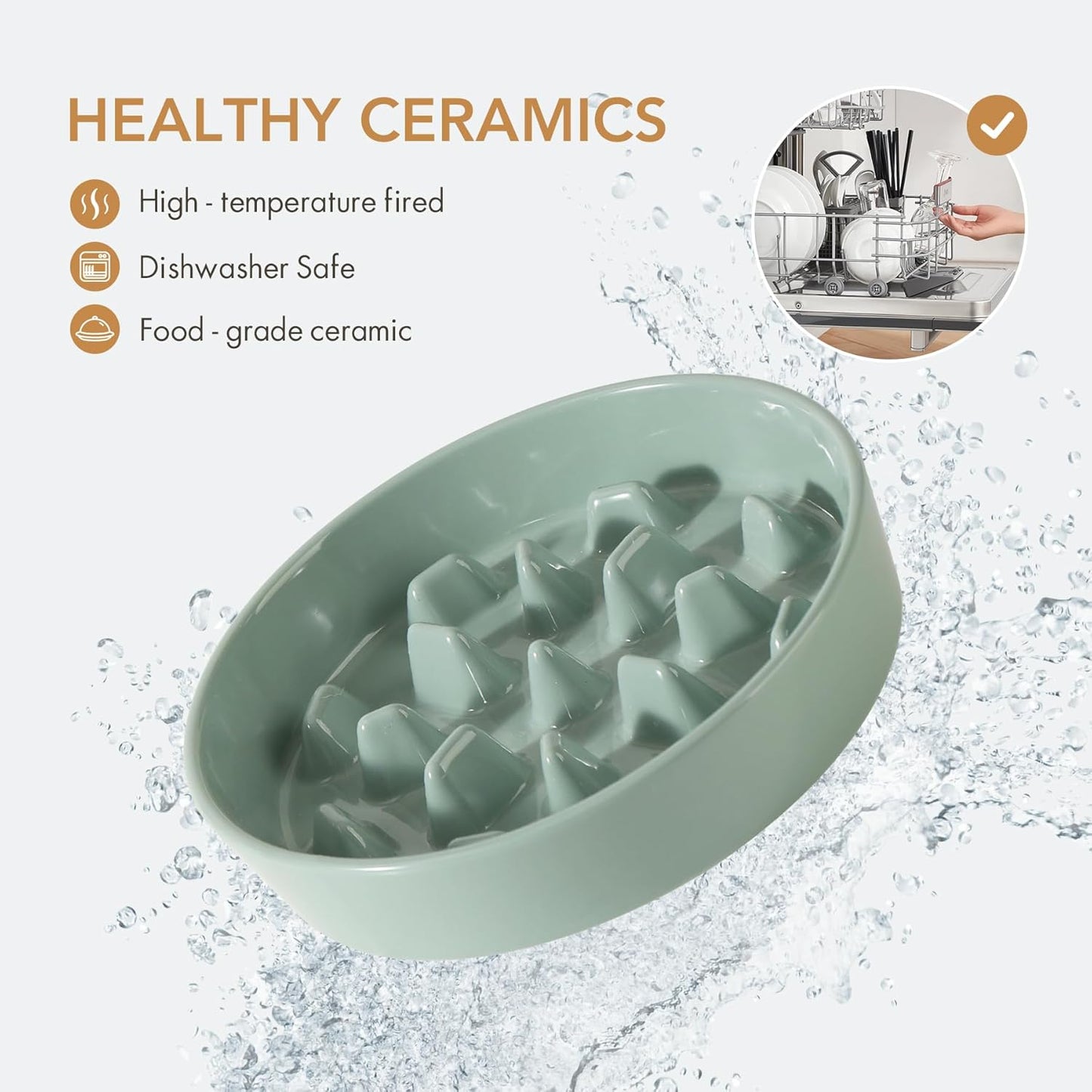 Ceramic Raised Slow Feeder Dog Bowl Set, Elevated 8.2inch Bowl and 9.5inch Slow Pet Food Dish with Wooden Stand for Large Dog (2 x Light Green+ Stand)