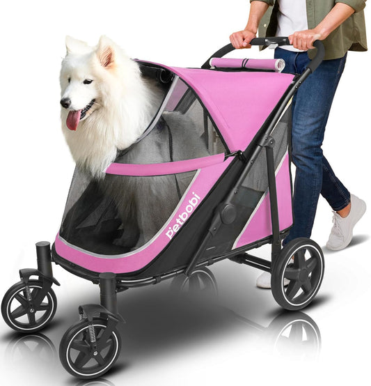 Petbobi Dog Stroller for Medium Dogs - Easy Fold Dual Entry Pet Stroller with One-Foot Brake, All Terrain Wagon Cart with Large Air Mesh, Ideal for Large Senior Pets up to 80 lbs, Pink