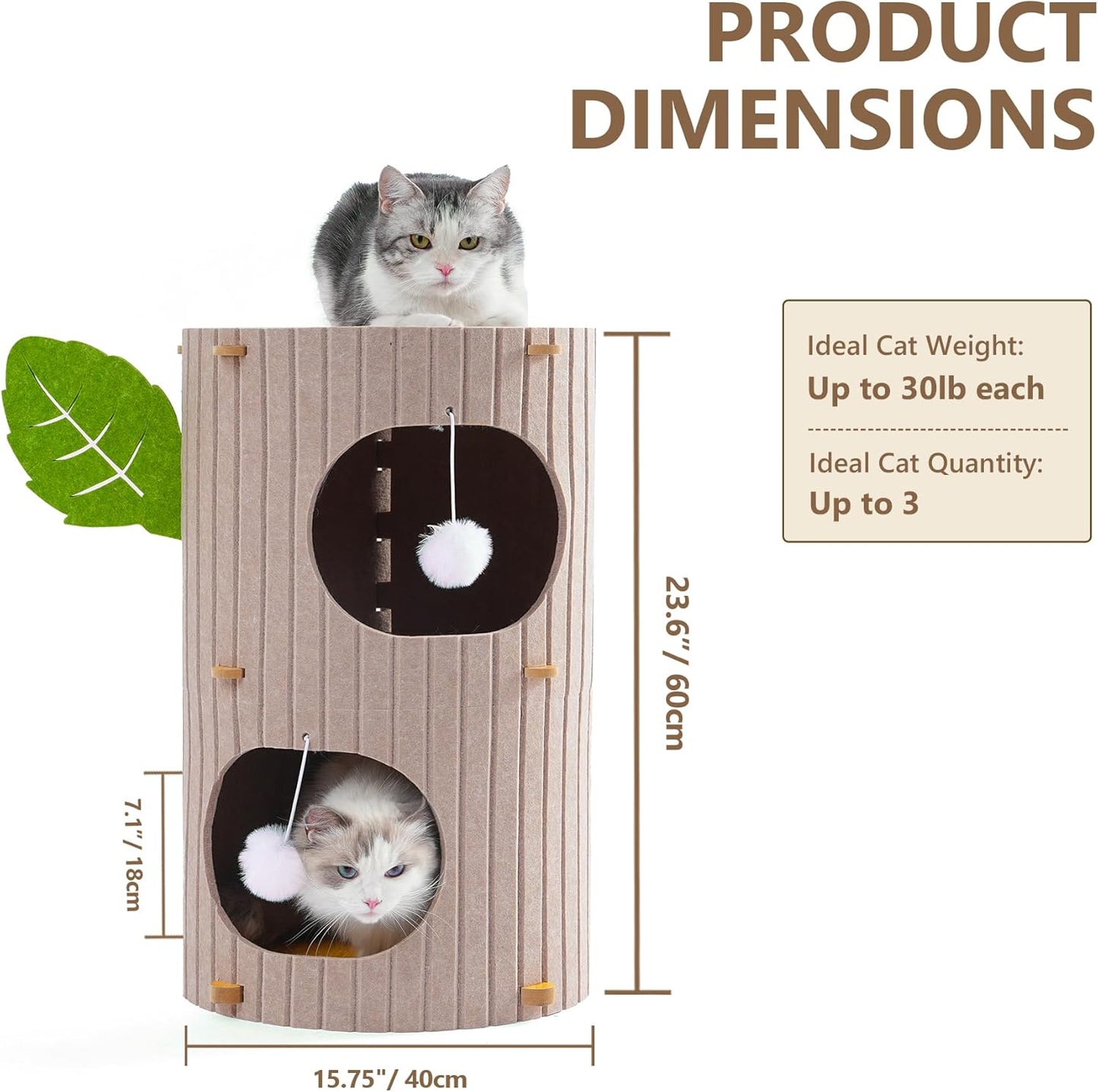 Cat House for Indoor Cats, 2-Storey Large Cat Bed Cave, Felt Covered Cats Tunnel Condo,23.6"