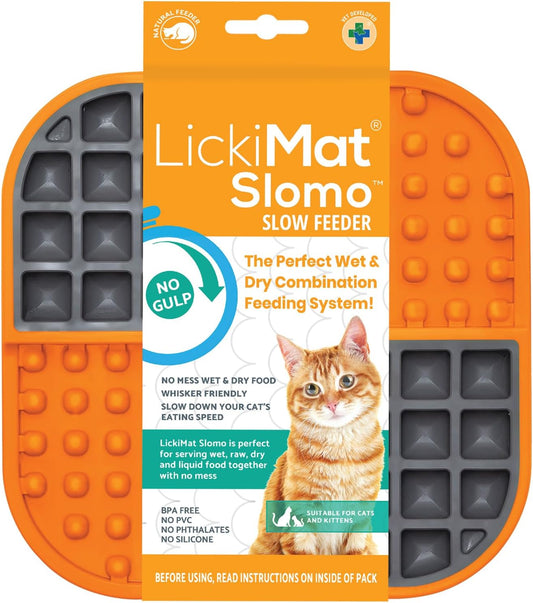 LickiMat Slomo, Cat Slow Feeder Lick Mat, Boredom Anxiety Reducer; Perfect for Food, Treats, Yogurt, or Peanut Butter. Fun Alternative to a Slow Feed Cat Bowl or Dish, Orange