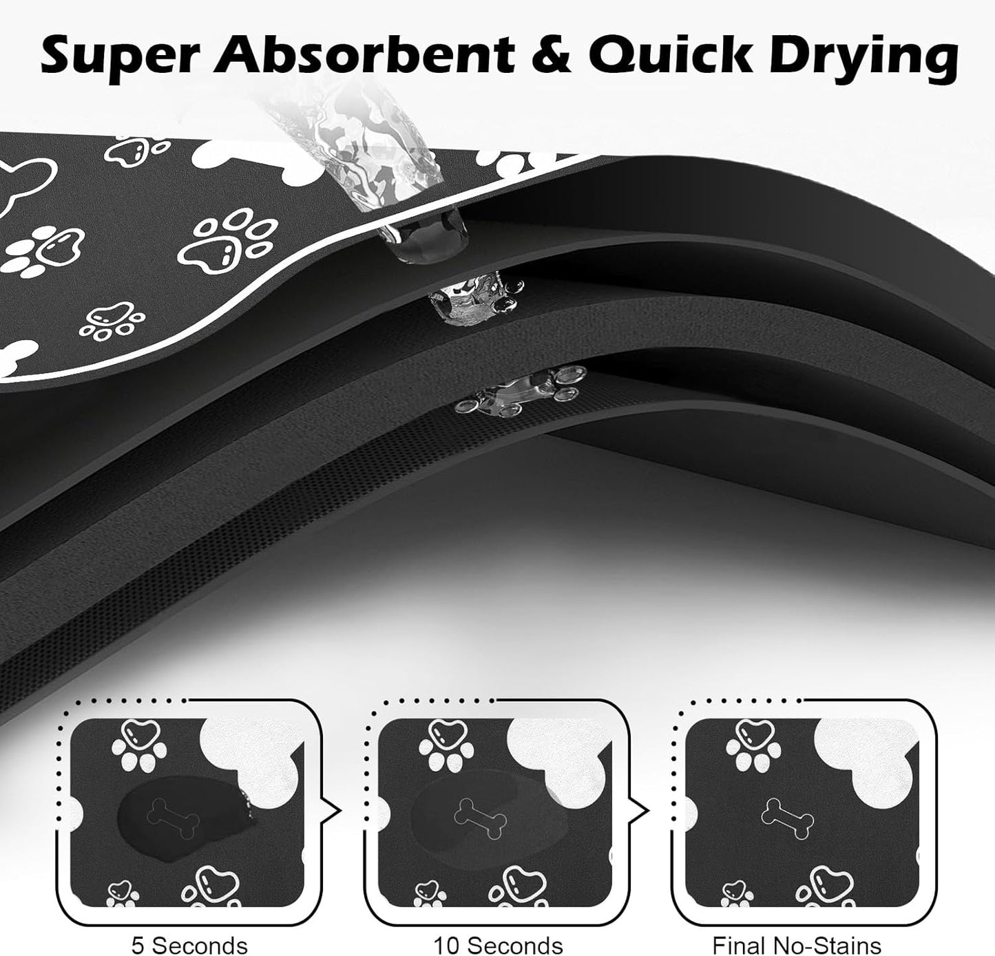 Dog Cat Food Mat,Rapid Absorbent Pet Feeding Mat, Bone Shaped Dog Placemat Water Bowl Mat with Rubber Backing,No Stains Dog Cat Food Mats Indoor, Pet Accessories Supplies 16"×24" Black