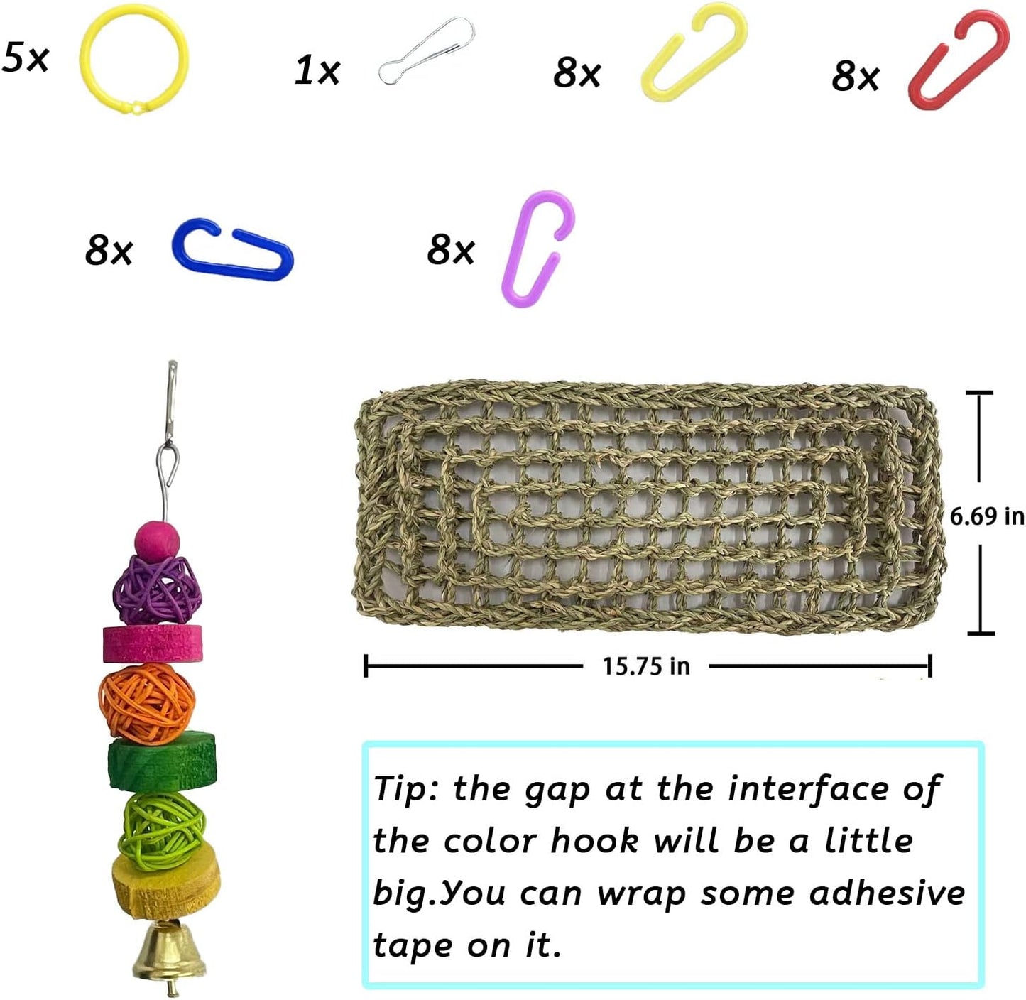 kathson Bird Seagrass Mat,Birds Swing Toy,Natural Grass Handmade Woven Hammock Hanging Parrot Lounger with Colour Toys for Lovebird,Cockatiel,Canary,Parakeets,Finch,Budgie (2 Pcs)