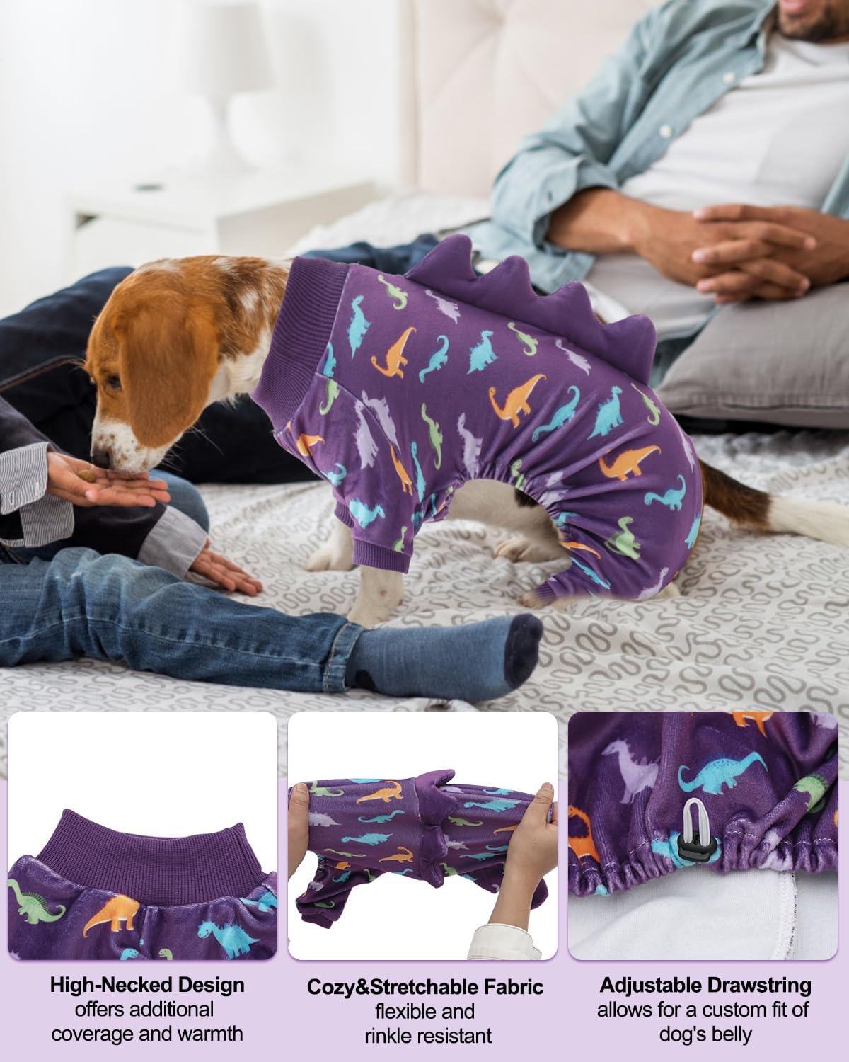 CuteBone Dinosaur Costume Dog Pajamas, Stretchy Spandex Crystal Velvet Sleepwear Coat for Small Dogs, Soft & Warm Pet Outfit Clothes for Cold Weather, Cozy Pullover Design COSP04L