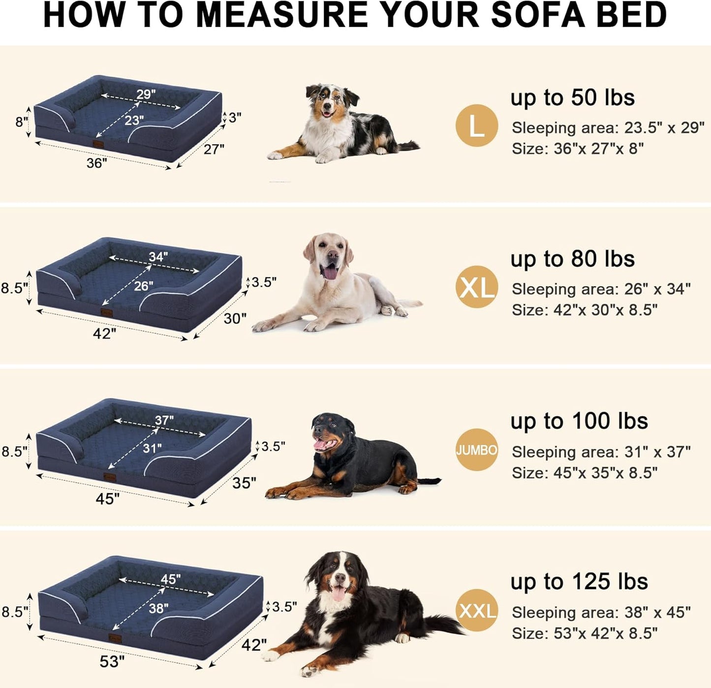 Orthopedic XL Dog Bed for Extra Large Dogs, Waterproof Memory Foam Dog Beds with Sides, Non-Slip Bottom and Egg-Crate Foam Big Dogs Couch Beds with Removable Washable Cover(X-Large,Navy Blue)