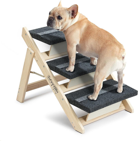 Wood Pet Stairs/Pet Steps for All Dogs and Cats - 2-in-1 Foldable Carpeted 3 Tiers Dog Stairs & Ramp Perfect for Beds and Cars - Portable Dog/Cat Ladder Up to 120 Pounds