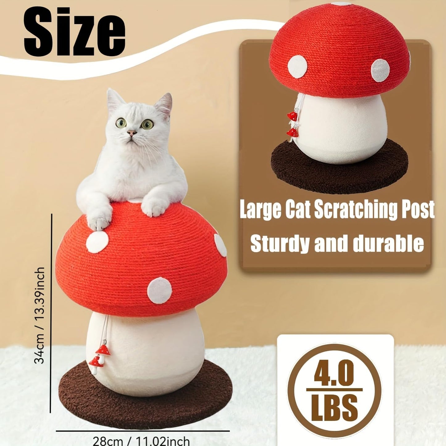 Mushroom Cat Scratcher, Cute Cat Scratching Post, Durable Sisal Rope Cat Scratching Board, Kitten Tree, Cat Toy for Cats to Play and Care for Their Claws, No Assembly Required