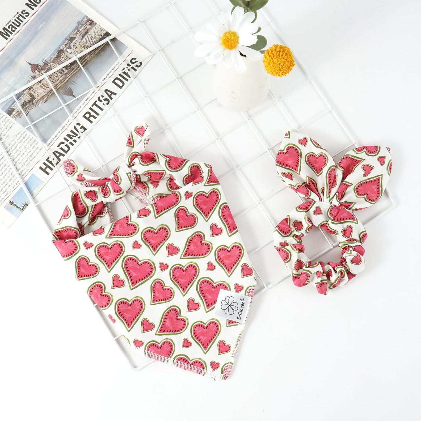 E-Clover Pink Watermelon Dog Bandanas & Matching Scrunchie Set Cute Heart Dog Scarf Bibs Pet Bandana with Bow Tie for Medium Large Dogs Owner Mom Spring Summer