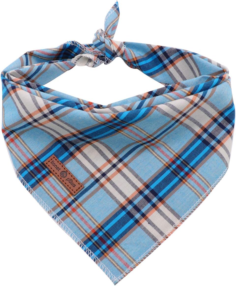 Lionet Paws Dog Bandana for Small Medium Large Dogs, Cat Kerchief Blue Plaid, Triangle Bibs Scarf for Girl or Boy