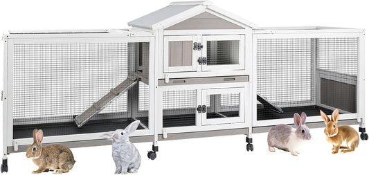 2-Tier Rabbit Hutch with Wheels, Indoor & Outdoor Small Animal Cage with Deep Pull-Out Tray, Anti-Chew Frame, Habitat for Bunny, Guinea Pig, Chinchilla (93" L x 19" W x 35" H)