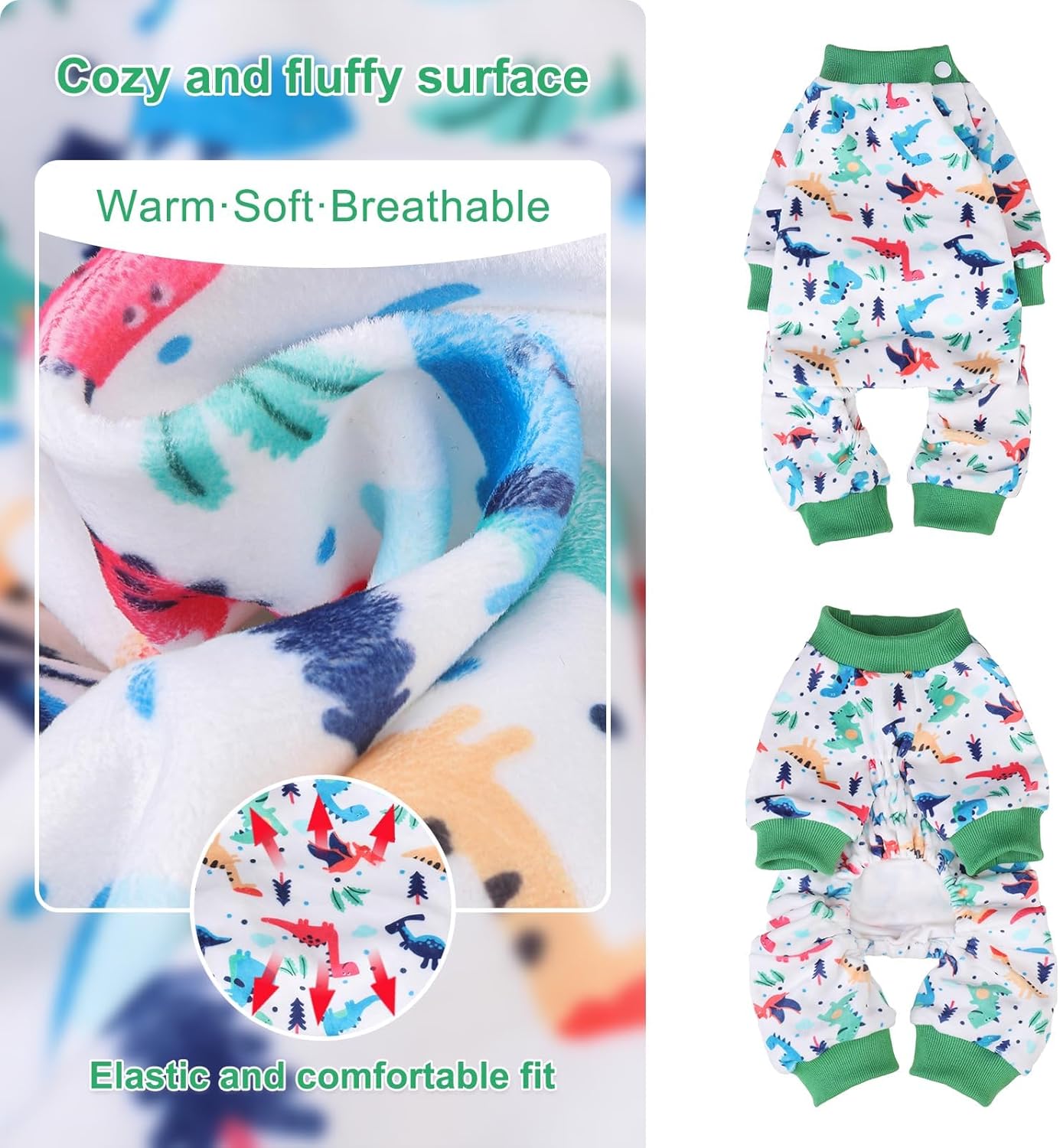 BEAUTYZOO Dog Pajamas Small Sized Dog, Summer Doggie Pajamas for Boy Girl, Soft Strechy Cotton Puppy Pjs Jammies Onesies for Men Women, Pet Jumpsuit Body Suit Cat Apparel Clothes, Green Dinosaur XS