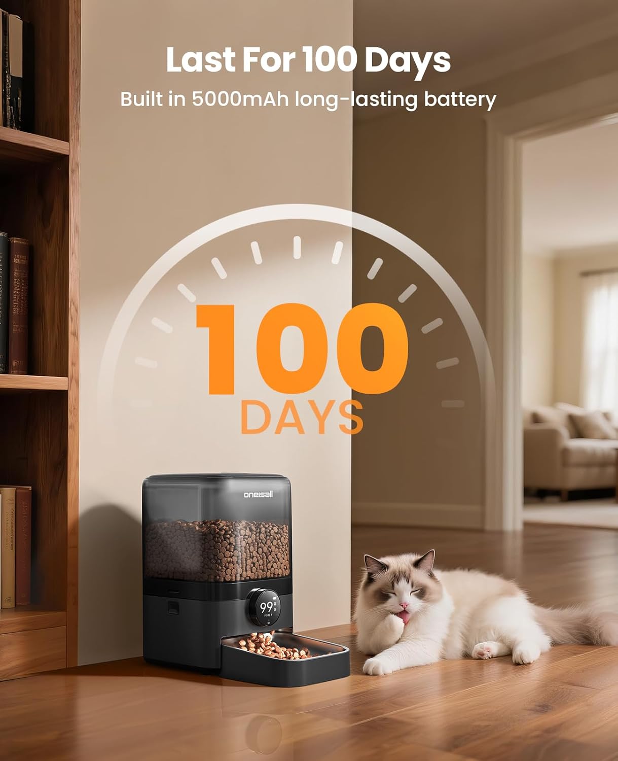 oneisall Cordless WiFi Automatic Cat Feeder, Rechargeable 100-Day Battery Operated Pet Feeder, 20 Cups/5L Timed Cat Food Dispenser for Large Kibble, Smart App Control (Black)