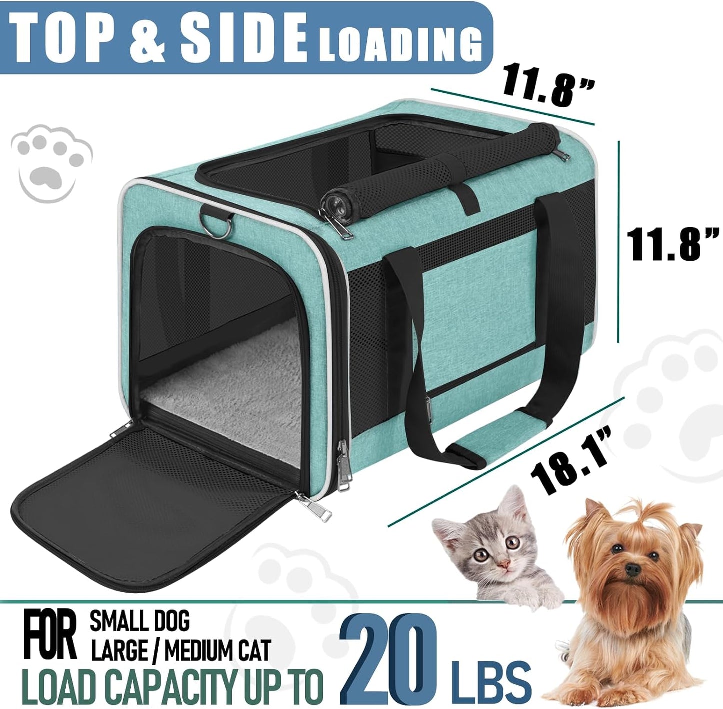Soft Cat Carrier Large Cat 20 lbs/Kitty Cat Travel Crate for Pet Top Load/Small Dog Sturdy Transport Fabric Carry Bag 10 Pounds/Yorkie Kennel with Pocket Teal Aqua