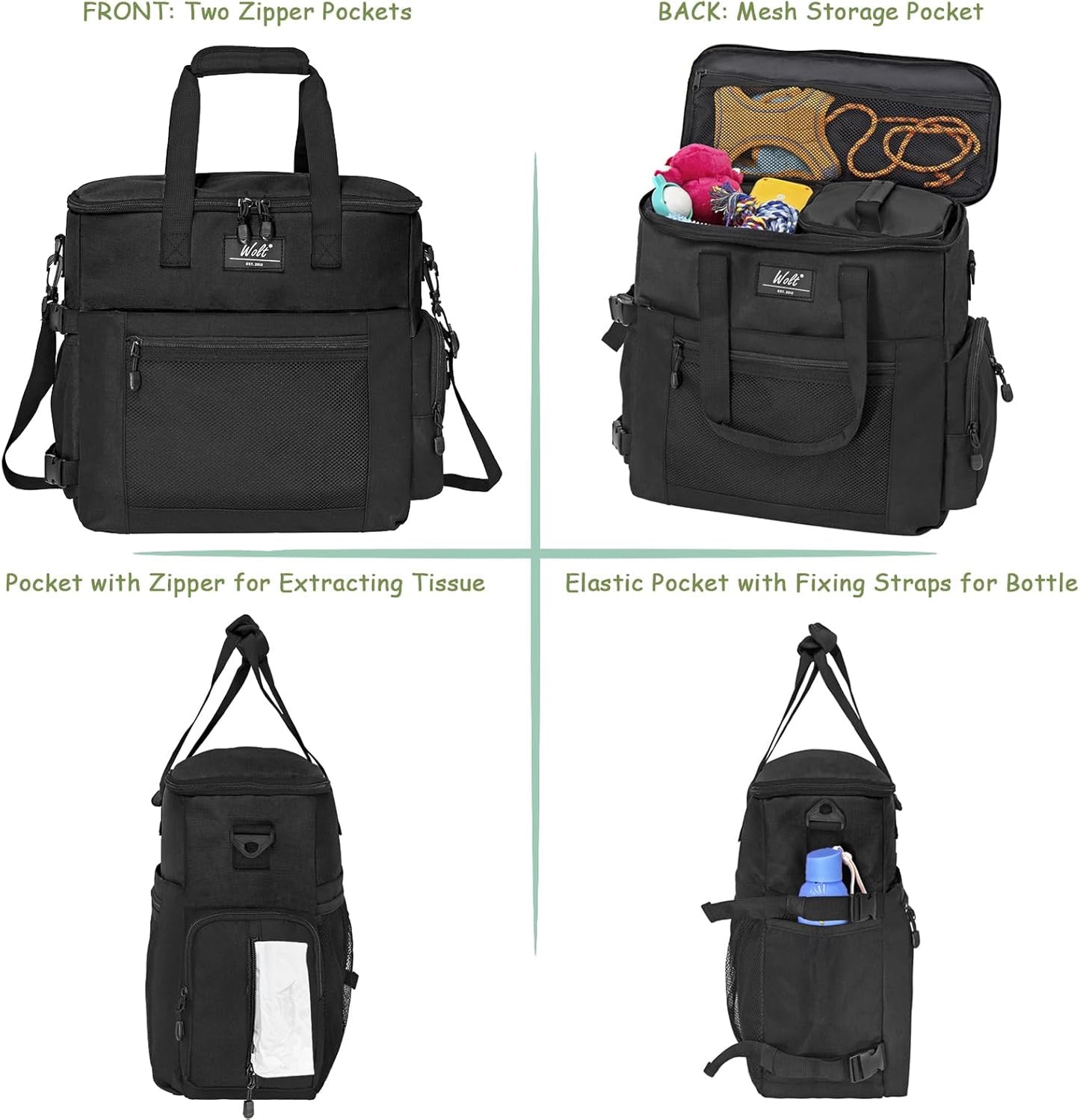 WOLT Dog Travel Bag Dog Bag for Traveling and Supplies with 2 Collapsible Bowls, 2 Food Containers, 1 Place Mat, Black