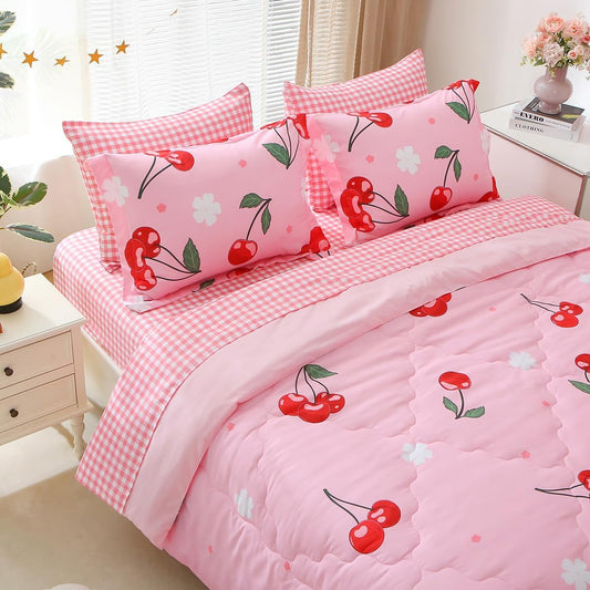 Girls Cherry Comforter Bedding Set Full Size 7 Piece Pink Kawaii Oriental Cherry Comforter Set Bed in A Bag for Kids Teens All Season (Comforter,Flat Sheet,Fitted Sheet and Pillow Sham)