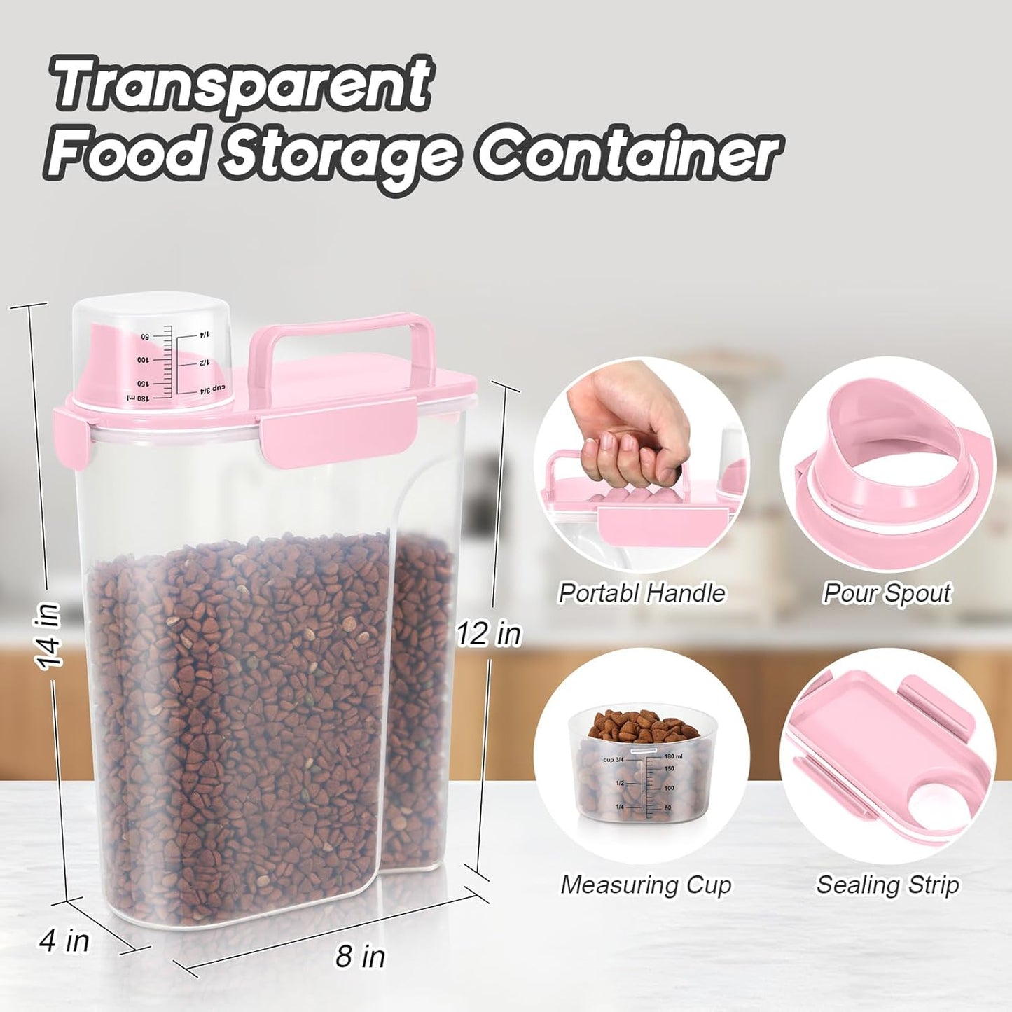 Dog Food Storage Container, Upgraded Large Nozzle BPA-free, 8-12 LBS Plastic Pet Food Storage Containers, With 4 Sealed Clasps, 1 Measuring Cup and Handle (2, Light Pink (3L+5L), (3L+5L))