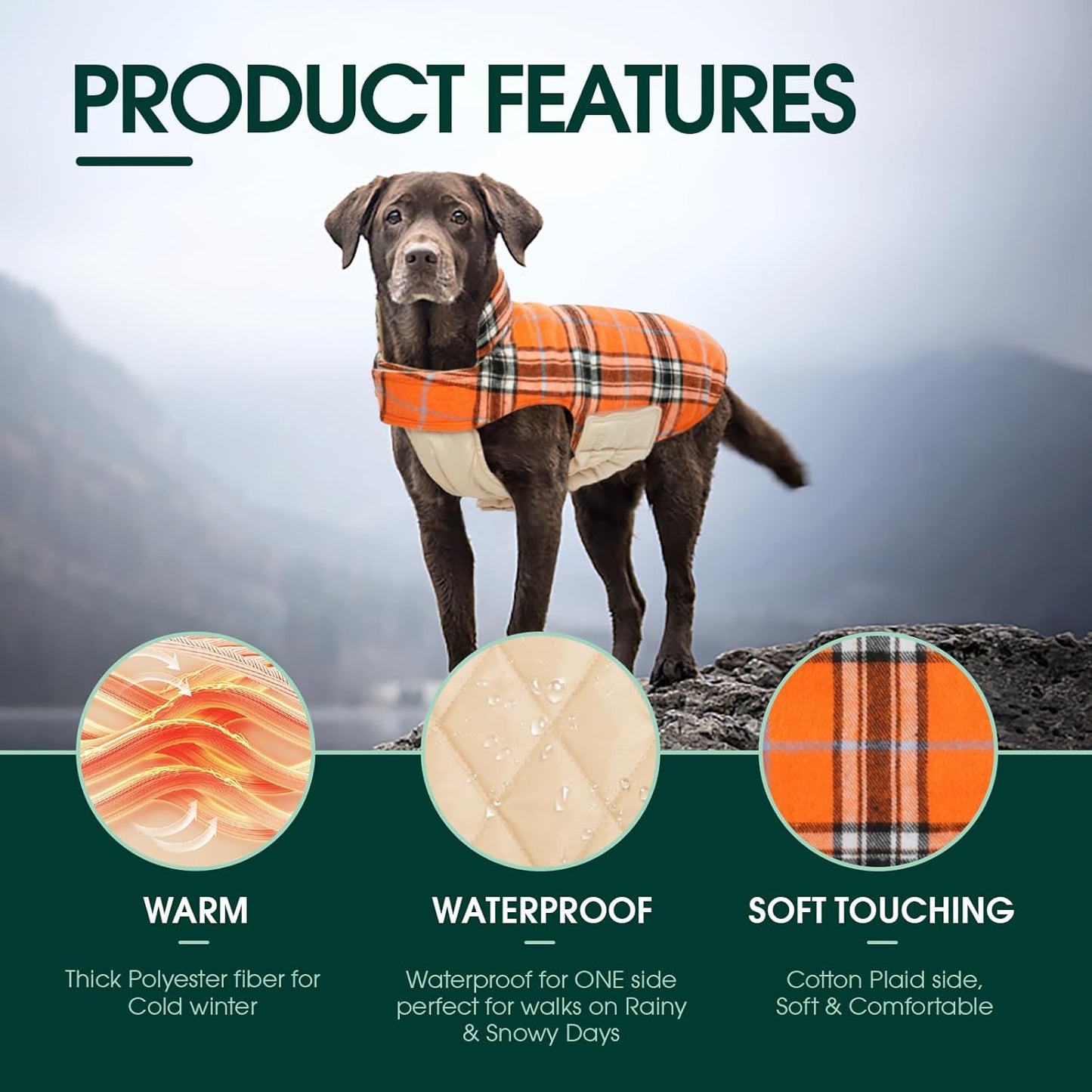 Kuoser Waterproof Dog Coat, Reversible Dog Jacket for Small Dogs, Adjustable Durable Doggie Winter Coat Warm Cozy Puppy Cold Weather Apparel from Small to Large Breed, Orange S