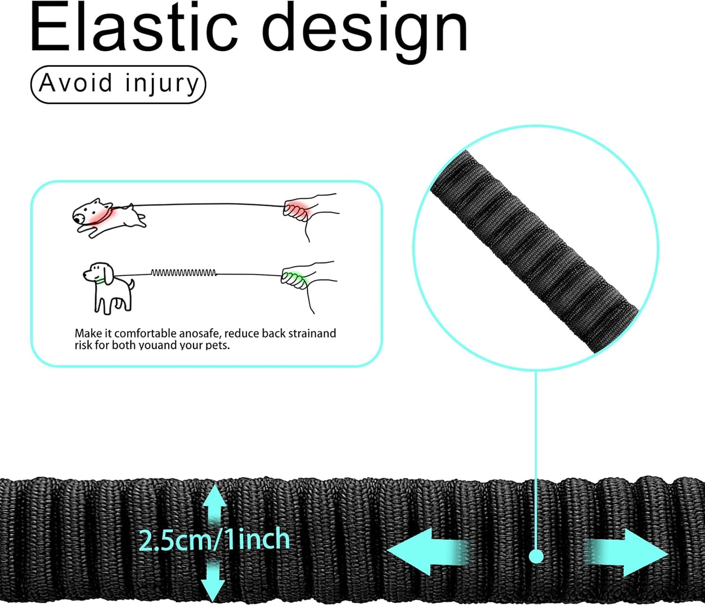 20” Strong Short Leash for Dog, Heavy Duty Bungee Dogs Leash with Padded Handle Car Seatbelt, Small Dog Training Leashs for Large or Medium Dogs - Can be Used with Other leashes (Black)