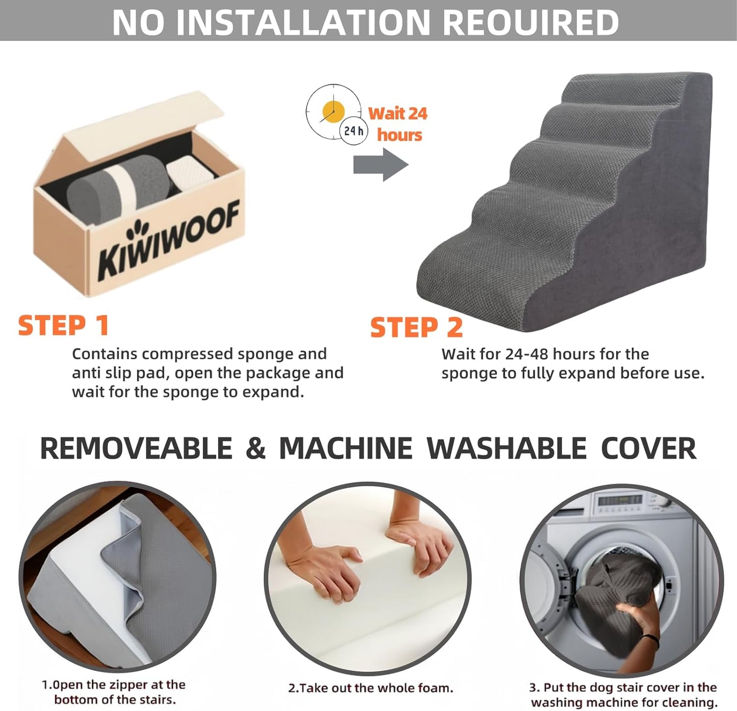 4 Step Pet Stairs Ramp for High Beds Sofas 18-24 Inch with Sturdy Non Slip Waterproof Pads, Machine Washable Cover Indoor Balanced Design for Cats Dogs Small Medium Large XL Pets Grey