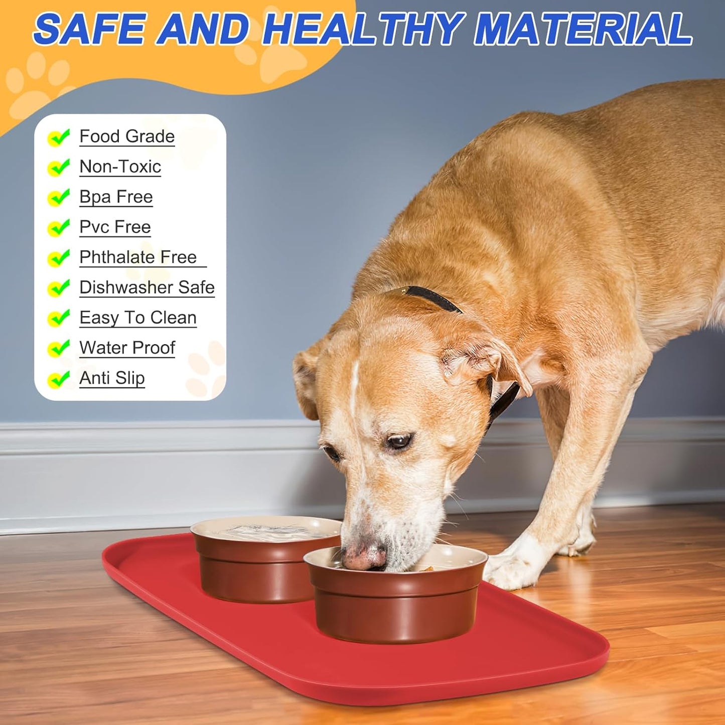 Silicone Pet Feeding Mat with Raised Edge for Food and Water, Dog Bowl Mats, Cat Bowls Placemat with High Lip for Floor Waterproof, Rubber Tray for Cats and Dogs 22 x 14 x0.8 Red
