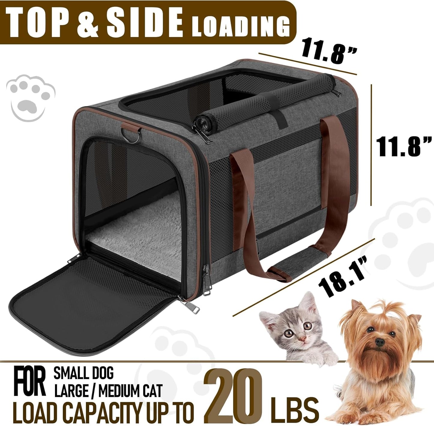 Small Dog Carrier Cage Soft Chihuahua/Softshell Big Cat Carrier Maine Coon/Pet Taxi Carrying Bag Over 25lbs / Top Loader Travel Kennel Brown