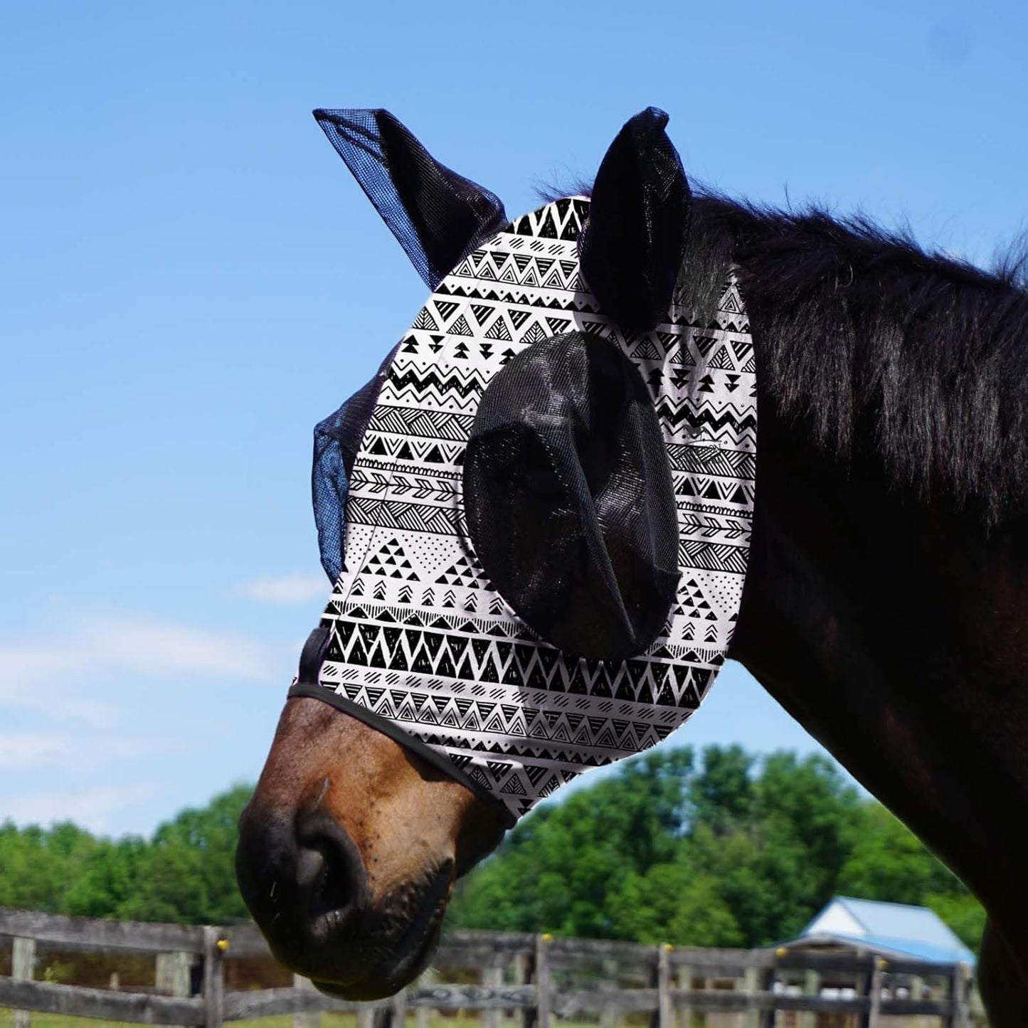 Harrison Howard Super Comfort Stretchy Fitting Horse Fly Mask with UV Protection Soft on Skin with Breathability Doodle Aztec Pony