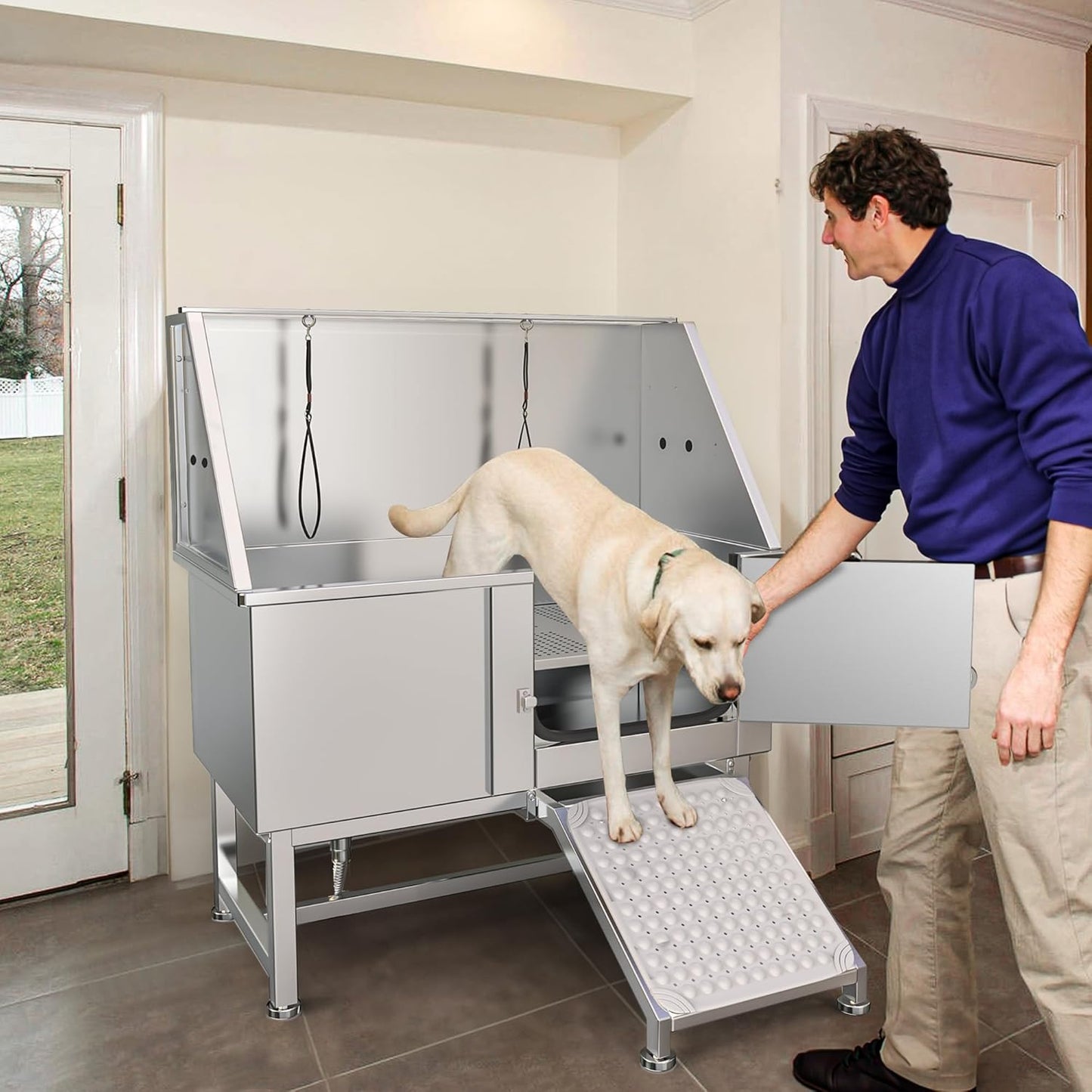 YITAHOME Dog Grooming Bathtub, Professional Stainless Steel 304 Dog Bathing Station w/Right Ramp, Faucet, Floor Grate, 50in Pet Washing Station for Large, Medium, Small Pets